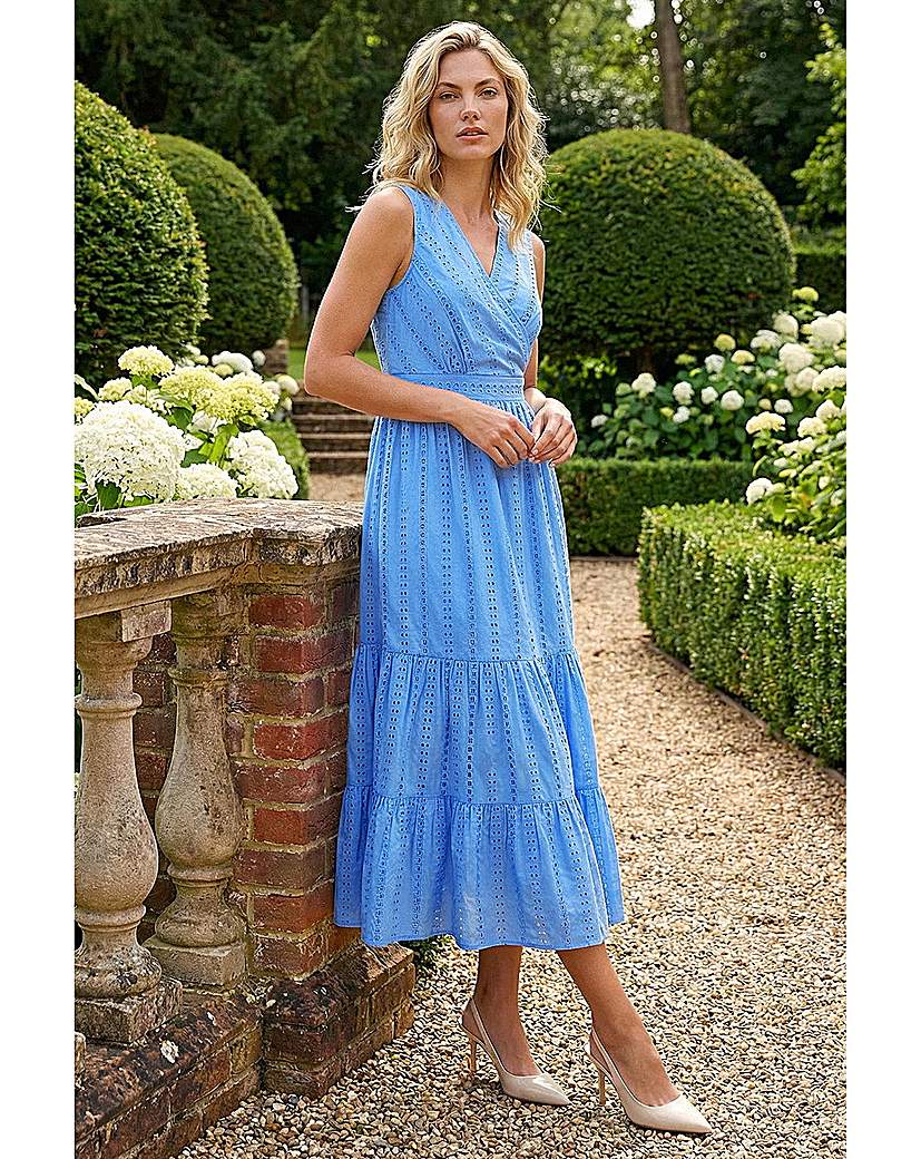Roman Light Blue Embroidered V-Neck Midi Dress - Image 3