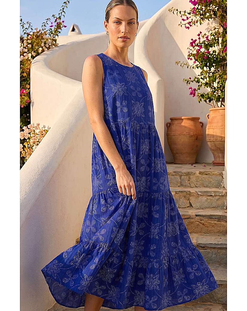 Roman Originals Women's Royal Blue Roman Floral Motif Tiered Midi Dress Size 16