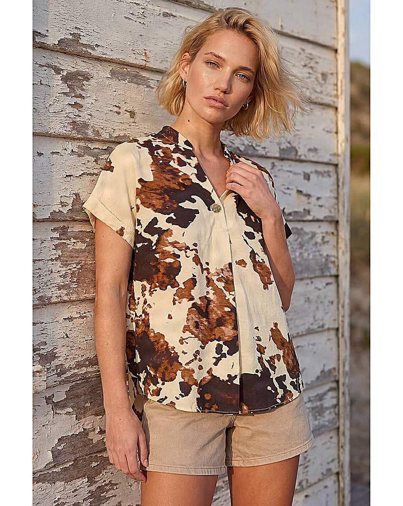 Roman Originals Coffee Roman Cow Print Pleat Front Top Size 14