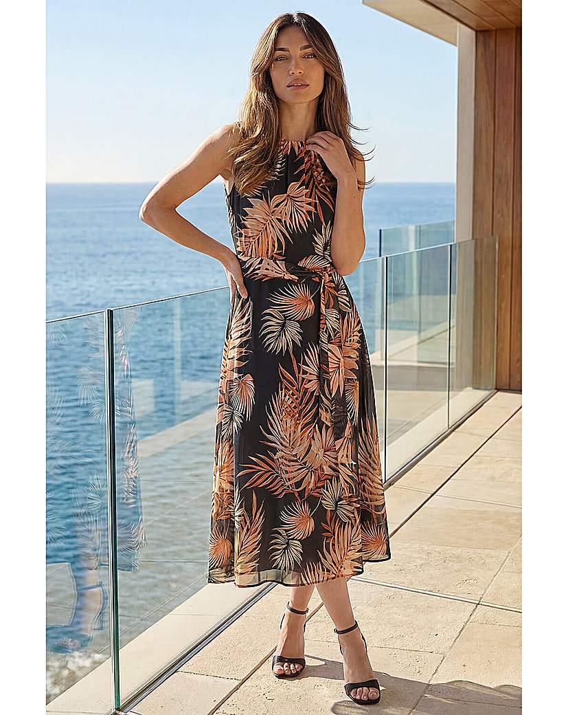 Roman Women's Black Leaf Print Chiffon Pleat Neck Midi Dress In | : Size 12 - Image 2