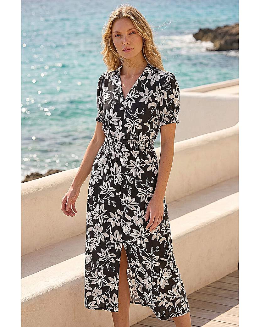 Roman Originals - Women's - Floral Shirred Collared Midi Dress - Black - Size 16