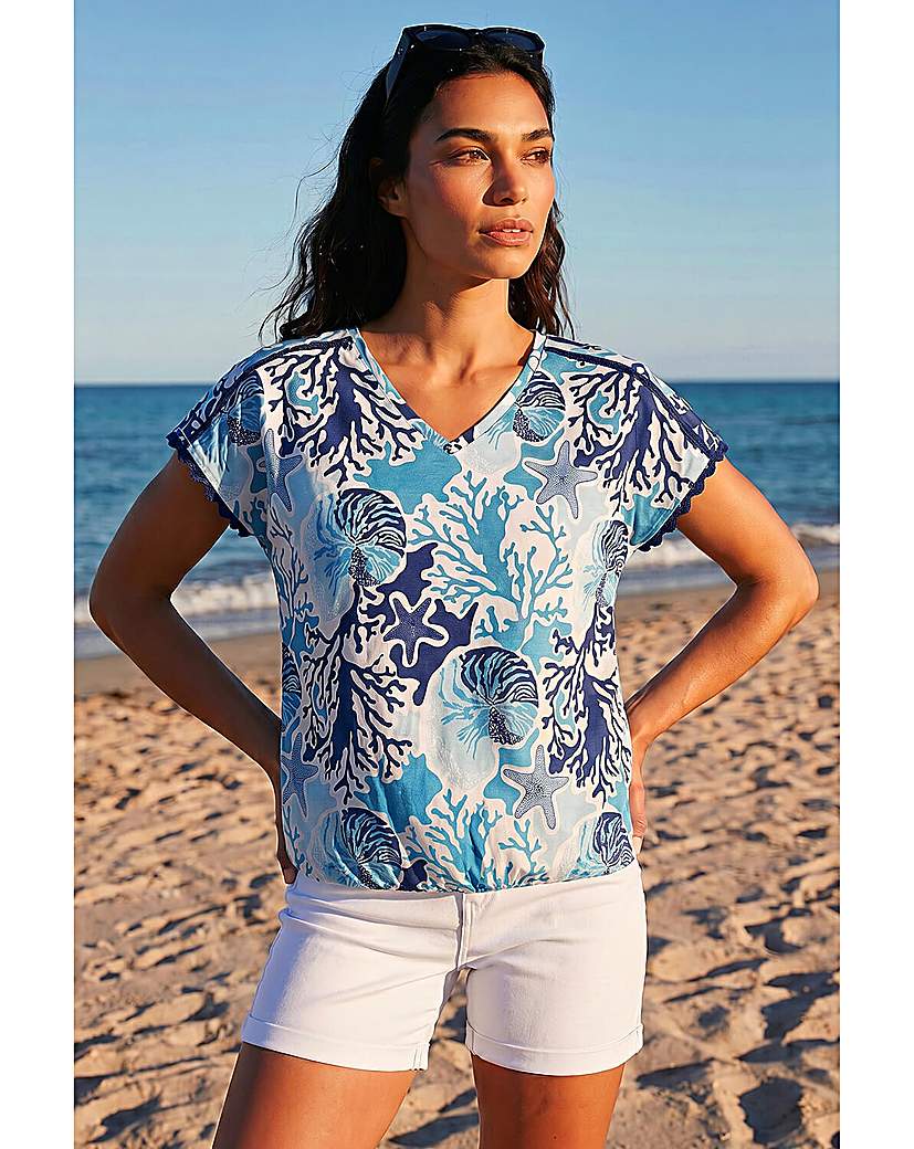 Roman Originals - Women's - Marine Print Top - Ric Rac Trim - Blue - Size 16
