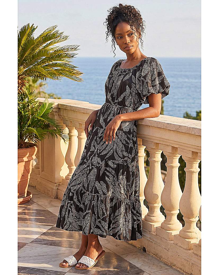 Roman Originals Women's Black Roman Dotted Leaf Print Midi Dress Size 20