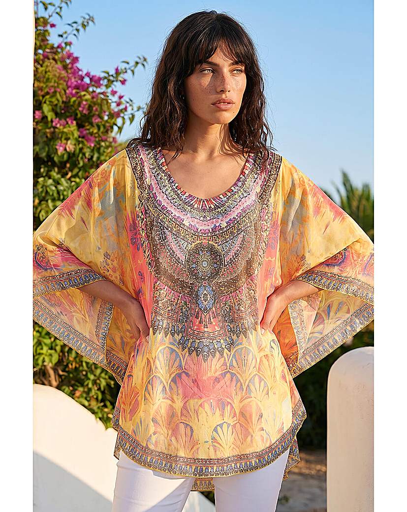 Roman Originals Yellow Roman Abstract Embellished Overlay Top Size 12