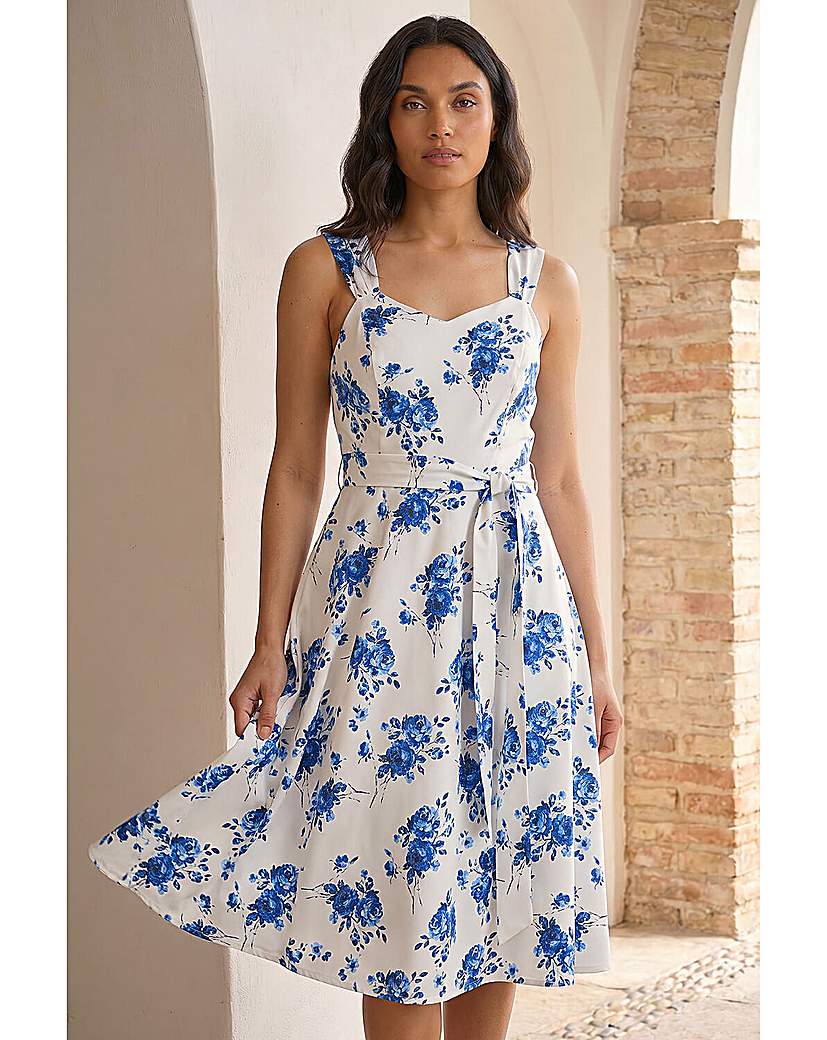 Roman Originals Blue Roman Floral Tie Waist Midi Dress - Size 12
