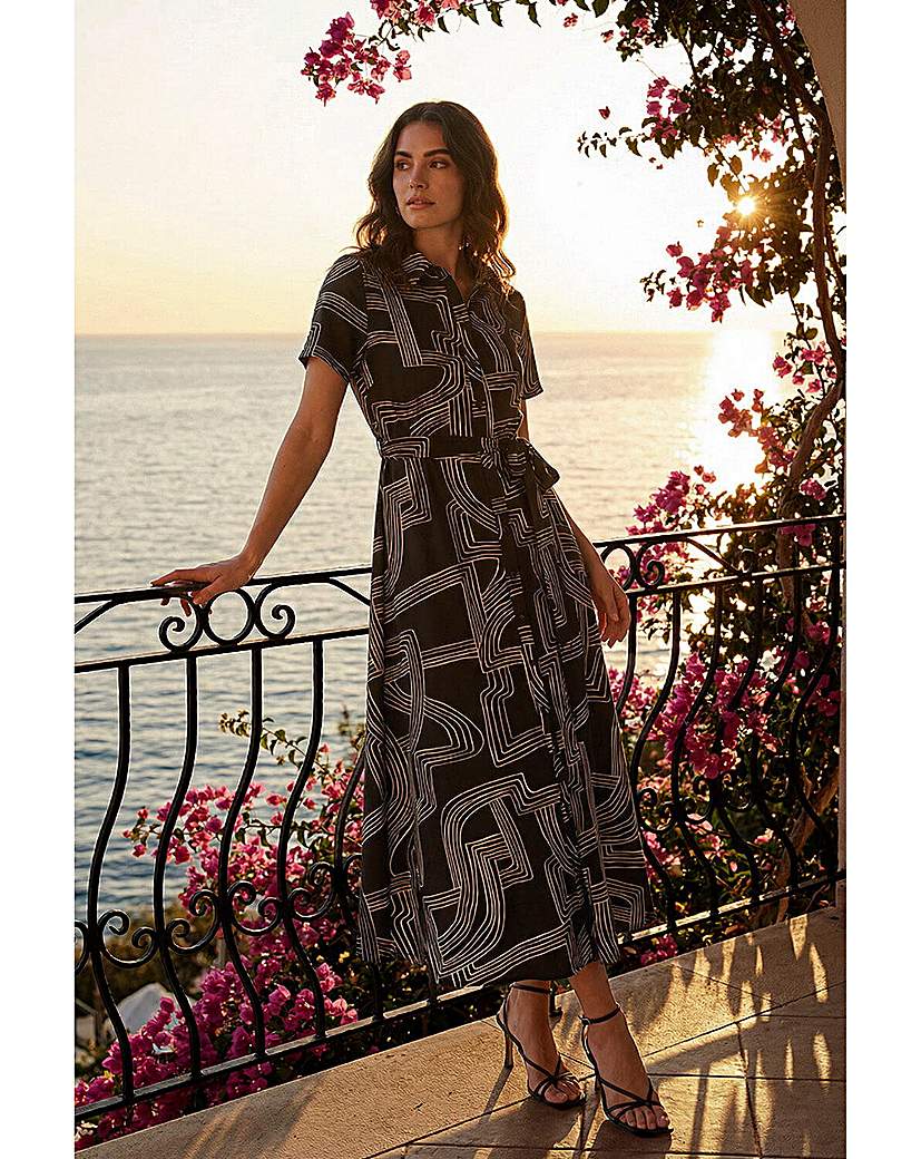 Roman Originals Women's Black Roman Geo Linear Print Shirt Midi Dress Size 20