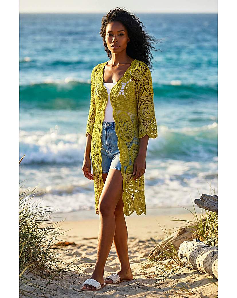 Roman Originals - Women's - Crochet Longline Cardigan - Olive - L