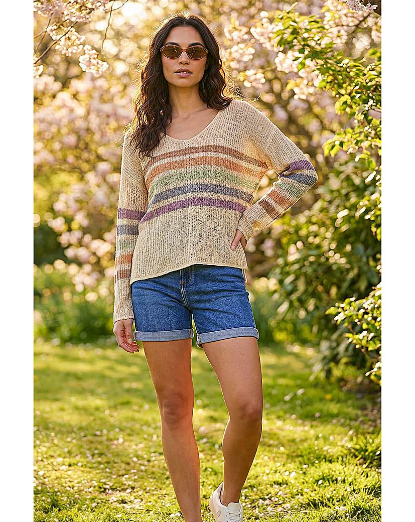 Roman Originals - Women's - V-Neck Knit Jumper - Stripe - Beige - Size 16