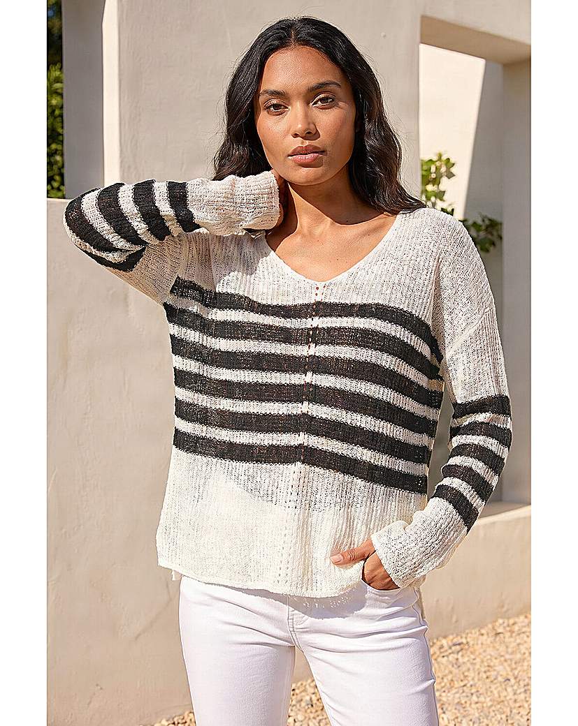 Roman Originals Women's Ivory Roman Stripe V-Neck Knit Jumper Size 18