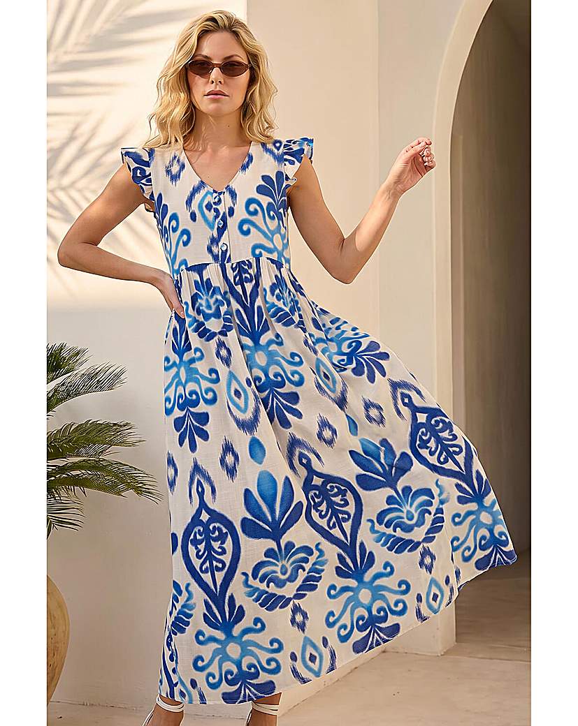 Roman Originals Navy Roman Abstract Frill Detail Midi Dress Size 20