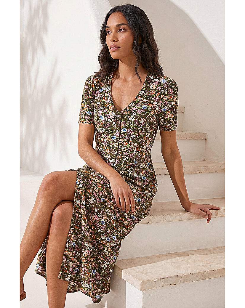 Roman Originals Women's Green Roman Floral Print Button Midi Dress
