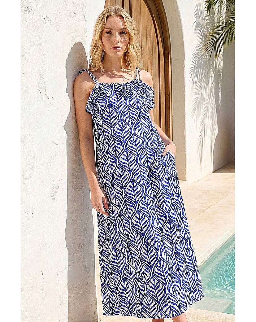 Roman Originals Women's Blue Roman Leaf Print Frill Midi Dress