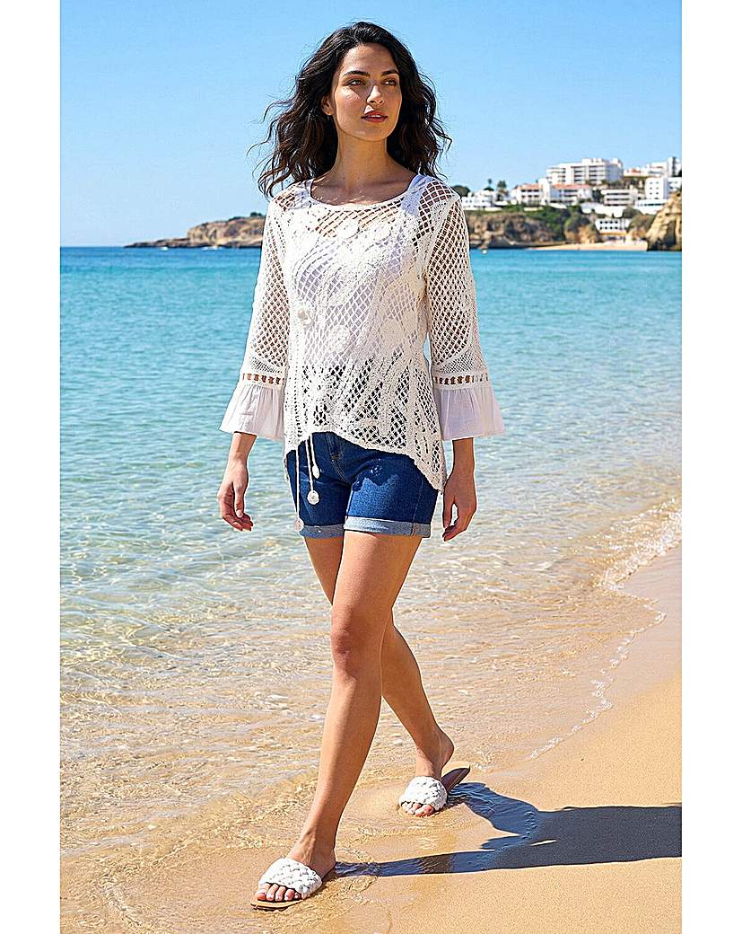 Roman Originals Ivory Roman Dusk Floral Crochet Top Small