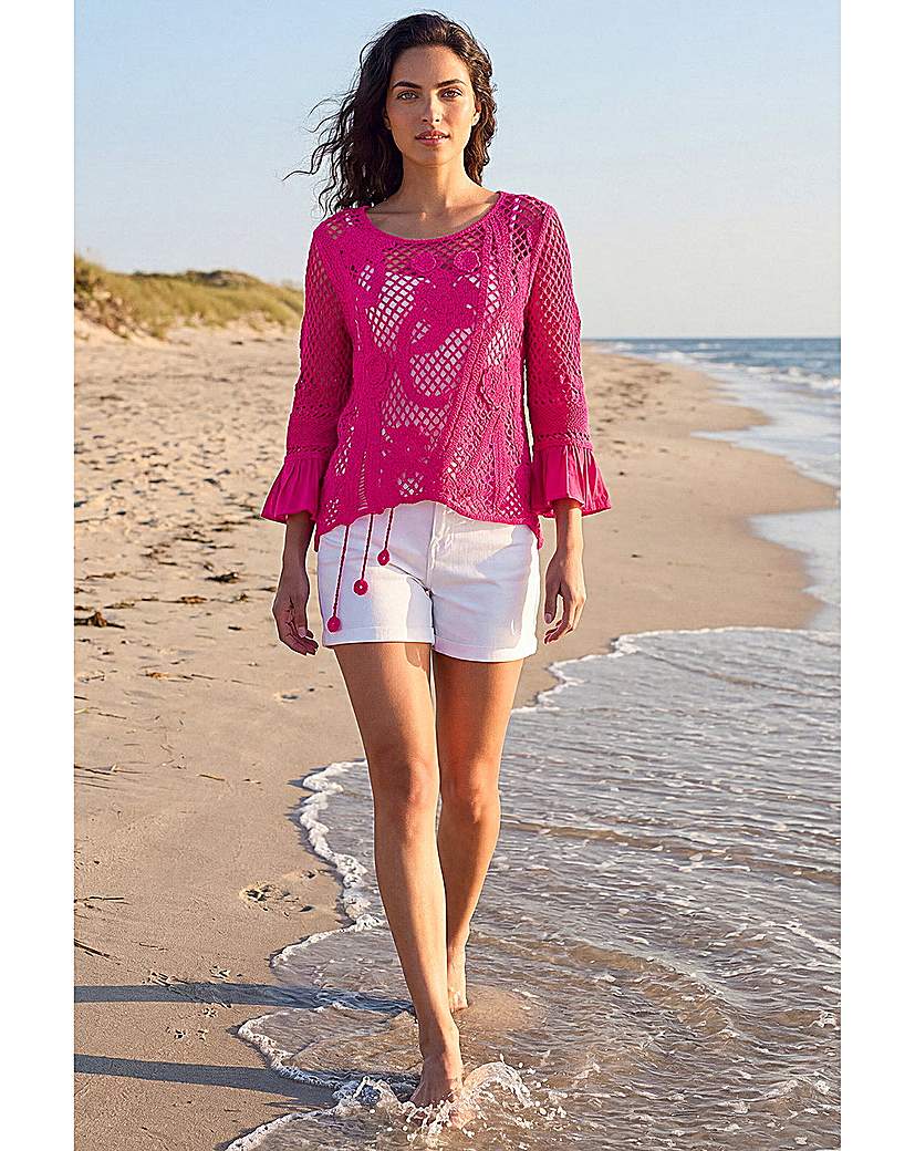 Roman Originals Women's Magenta Roman Dusk Floral Crochet Top