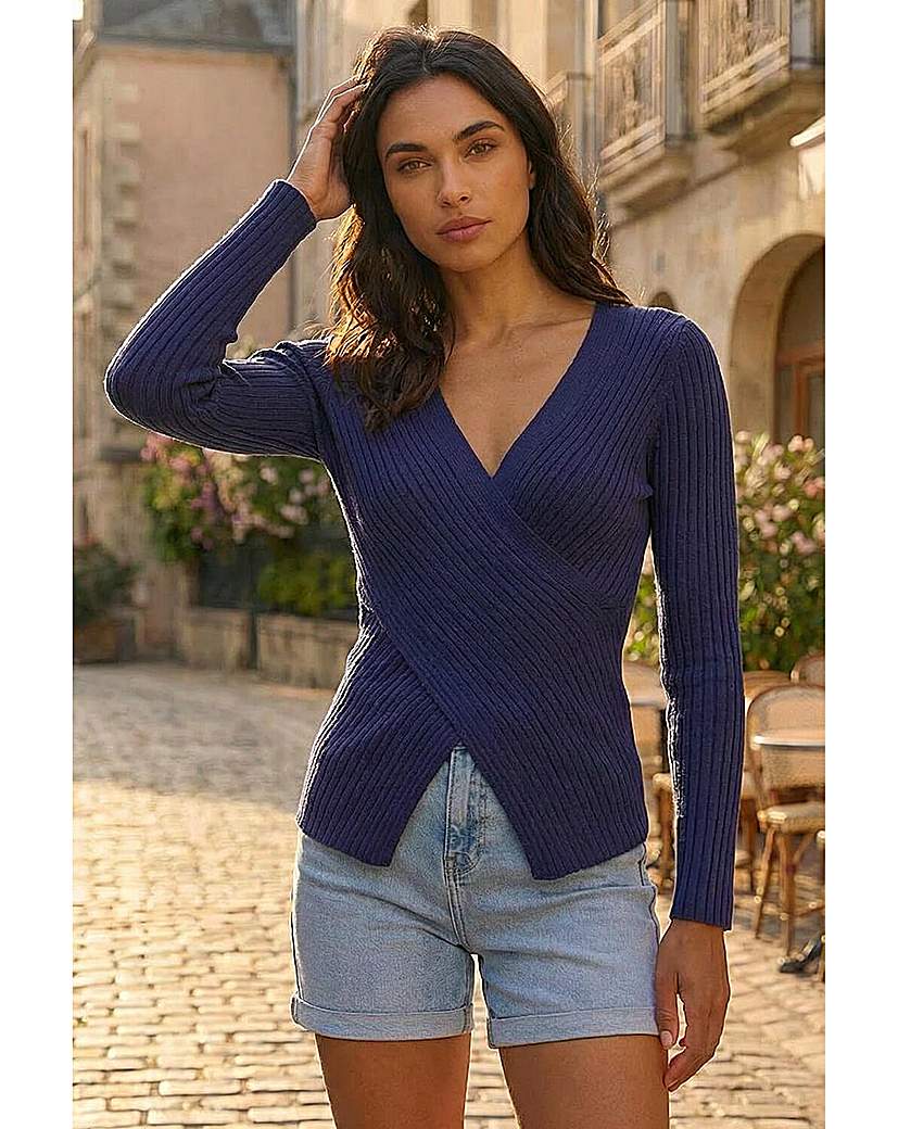 Roman Women's Navy Ribbed Wrap Front Knit Top In | : Size 20 - Image 3