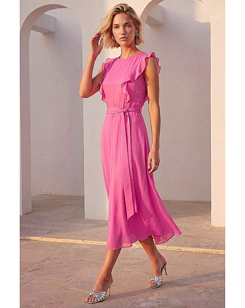 Roman Originals - Women's - Frill Front Midi Dress - Pink - Size 12