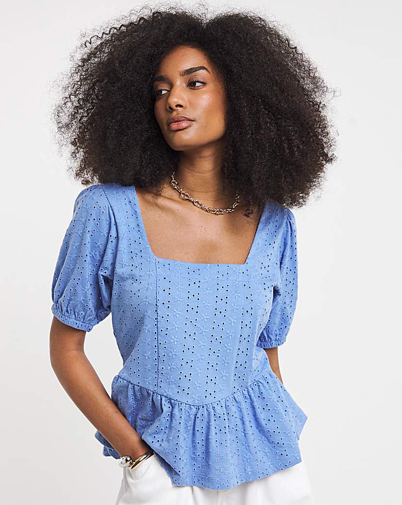 Stretch Broderie Square Neck Peplum