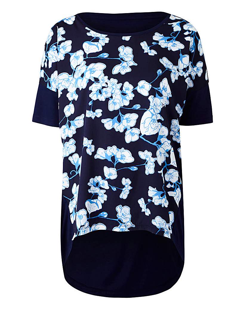 Image of Blue Floral Dip Back Woven Front Top