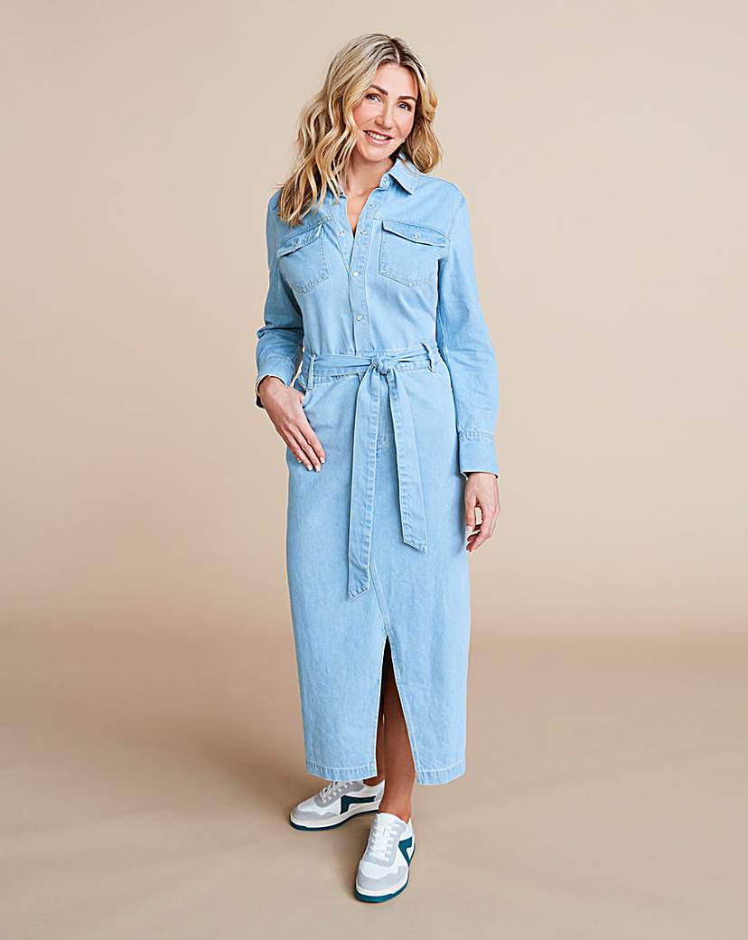 Light Wash Denim Maxi Shirt Dress