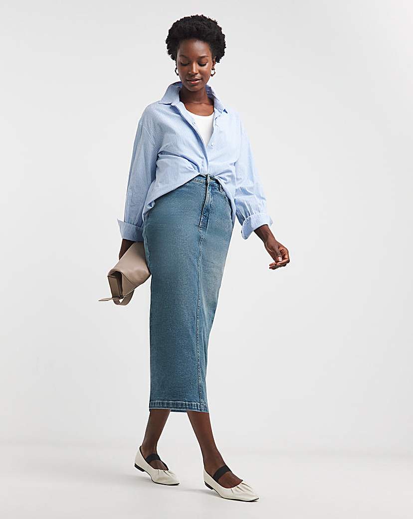 24/7 Blue Midi Denim Skirt