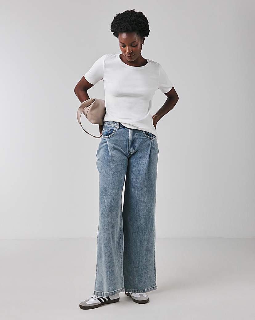 Blue Pleat Detail Wide Leg Jeans