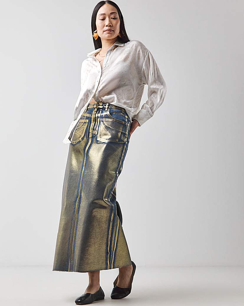 Gold Metallic Coated Denim Skirt