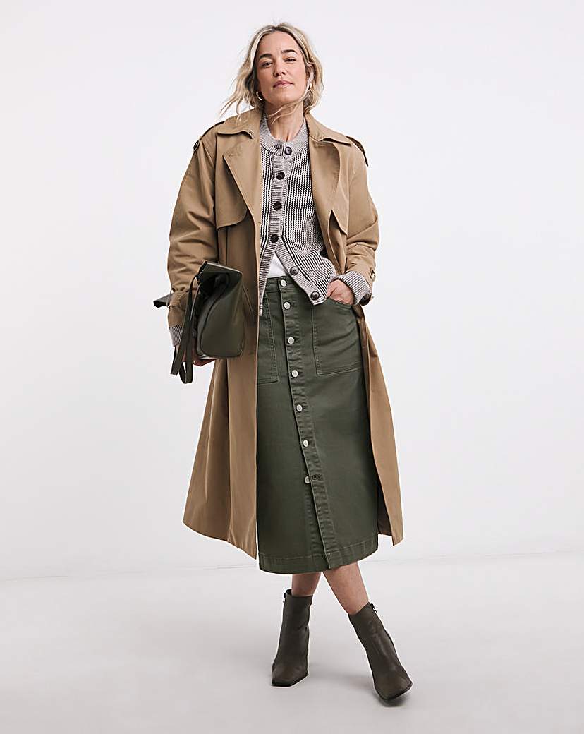 New In - Khaki Midi Button Front Denim Skirt