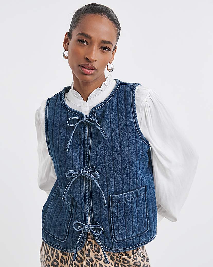 Denim Tie Front Quilted Gilet