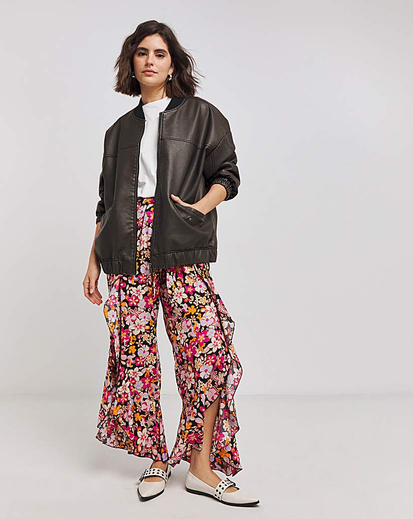 Tie Ruffle Front Trousers - Black Floral