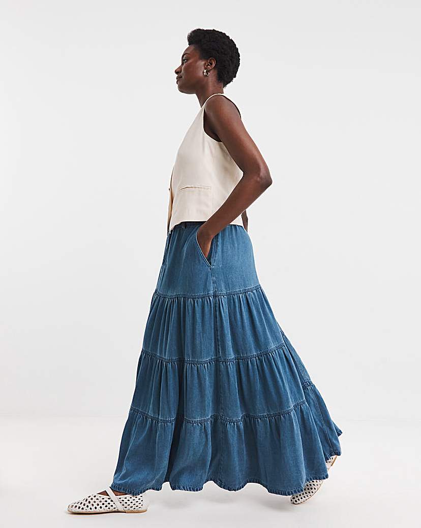 Blue Lyocell Soft Maxi Tiered Skirt