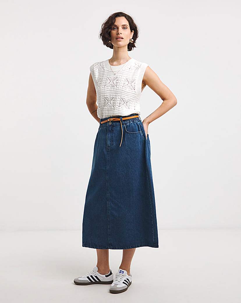 Mid Blue Elasticated Waist Midi Skirt