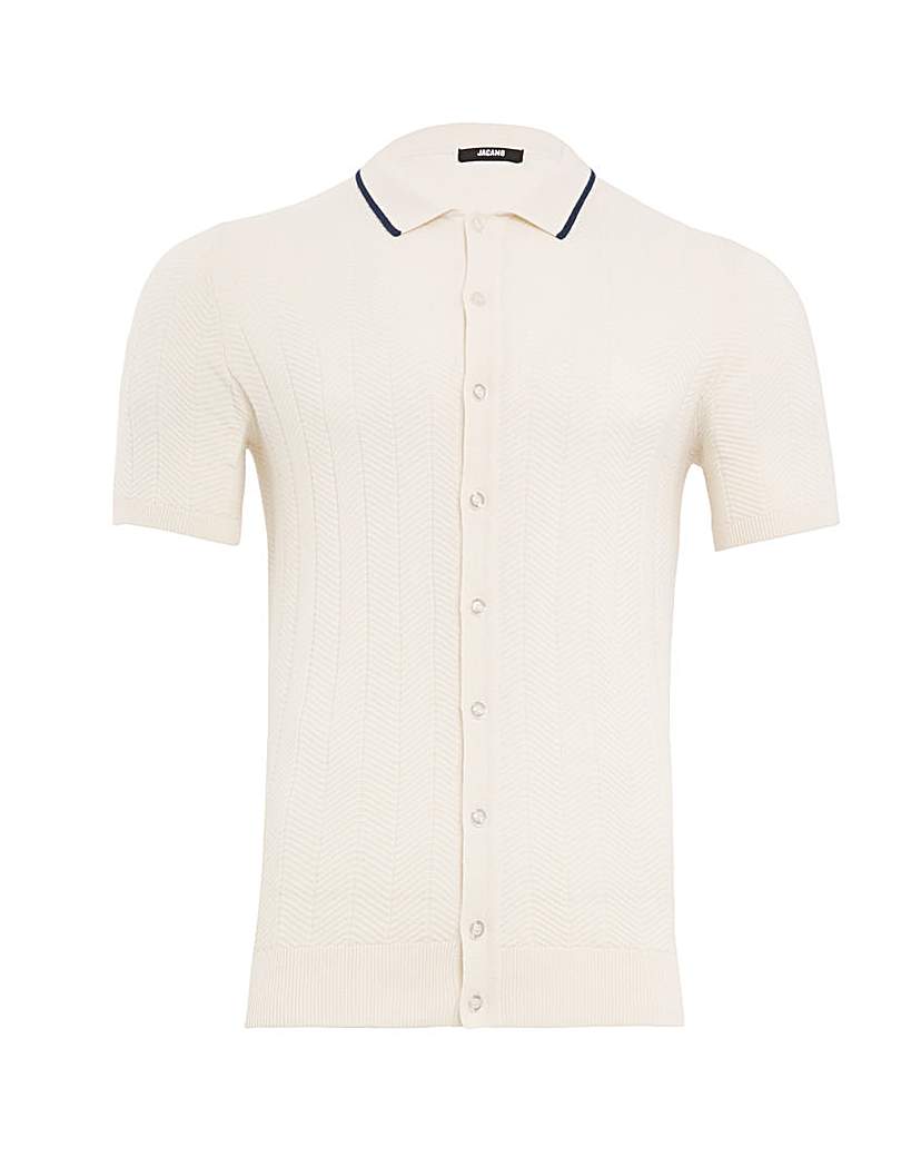 White Textured Full Button Through Polo