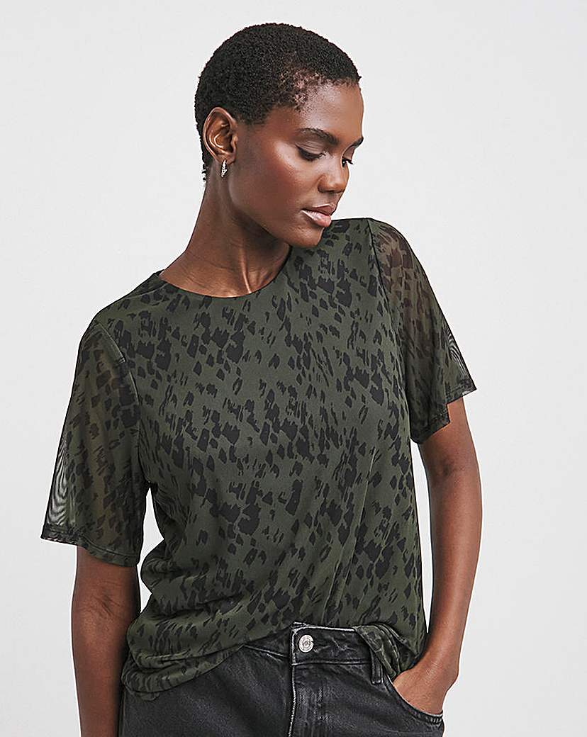 Crew Neck Short Sleeve Printed Mesh Top