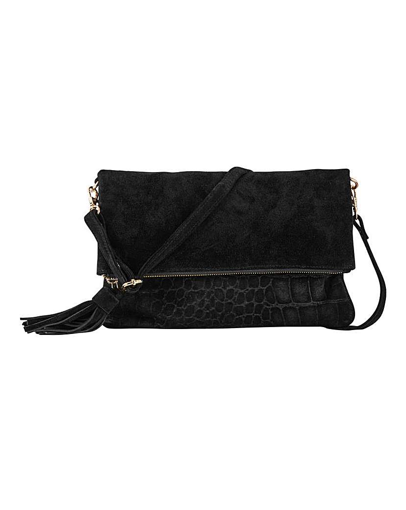 Leather Croc Suede Foldover Clutch