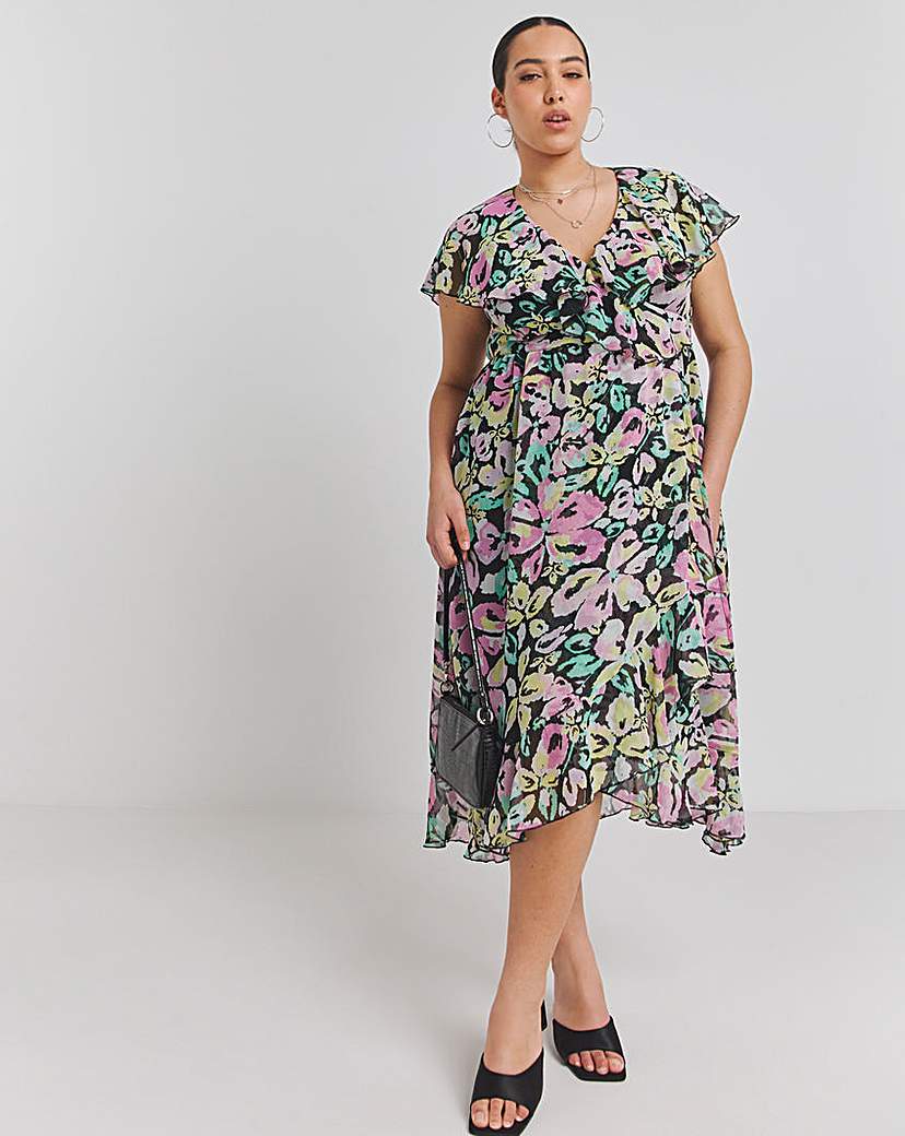 Ruffle Front Wrap Midi Dress