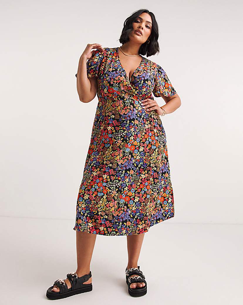 Printed Wrap Front Midi Dress