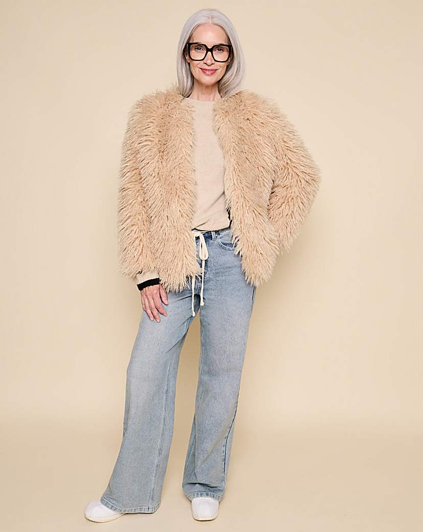 Collarless Shaggy Faux Fur Coat