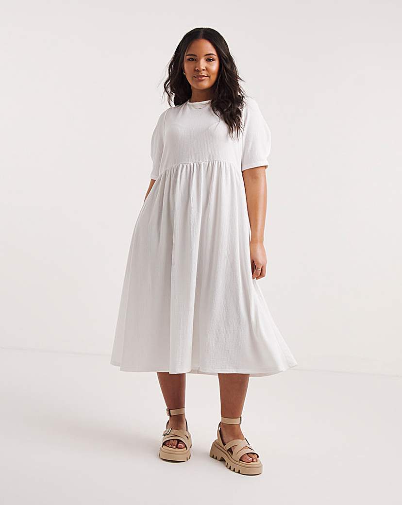 White Waffle Midi Dress With Tie Back - White