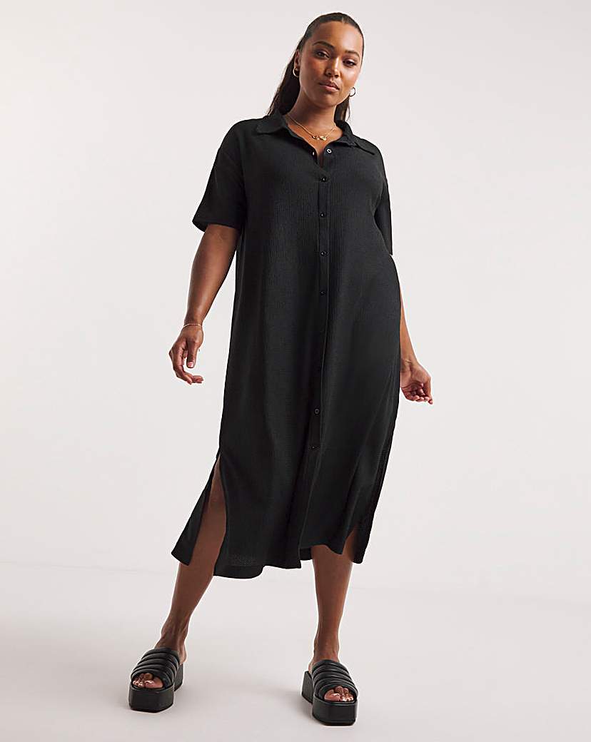 Black Waffle Midi Shirt Dress - Black