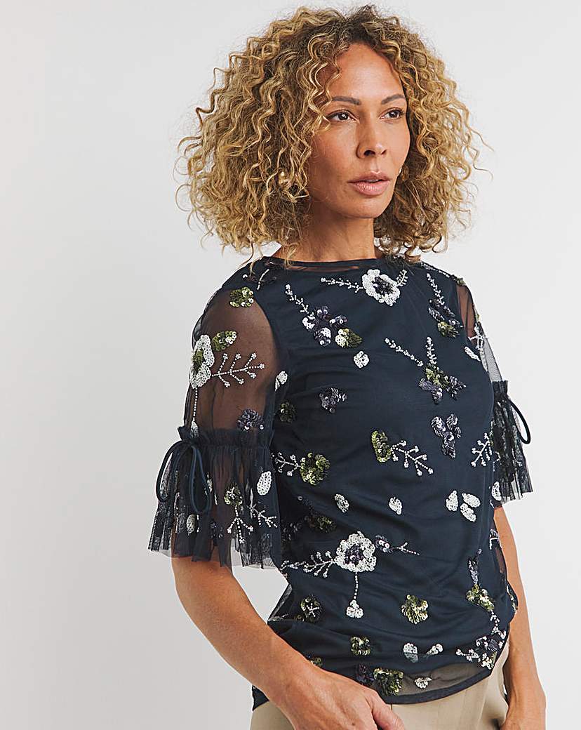 Joanna Hope Mesh Embroidered Blouse - Navy