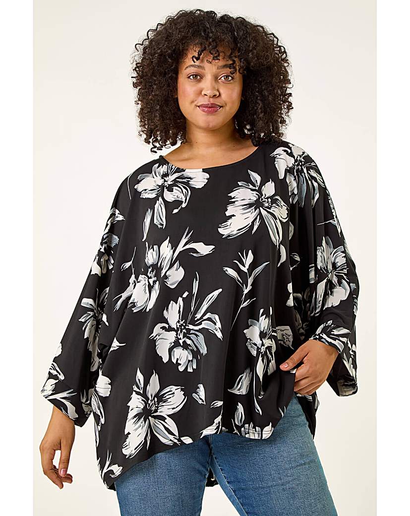 Roman Curve Women's Black Floral Print Stretch Top Size 18