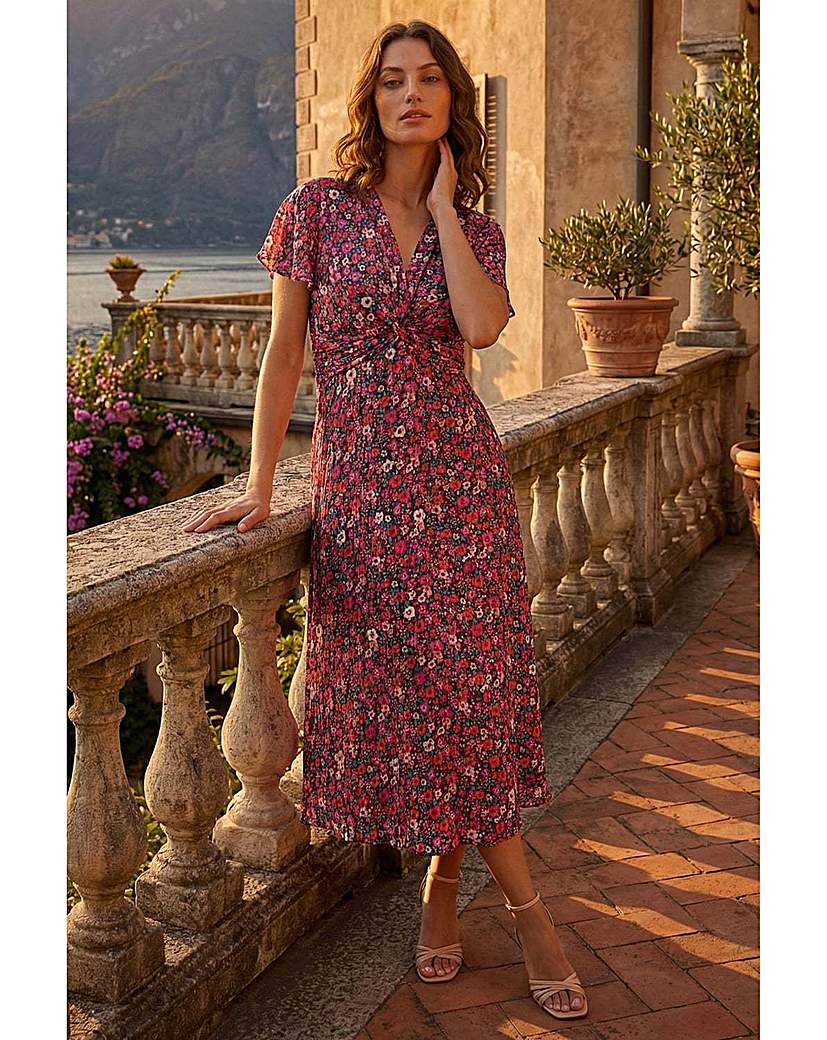 Roman Petite Pink Floral Twist Midi Dress Size 16