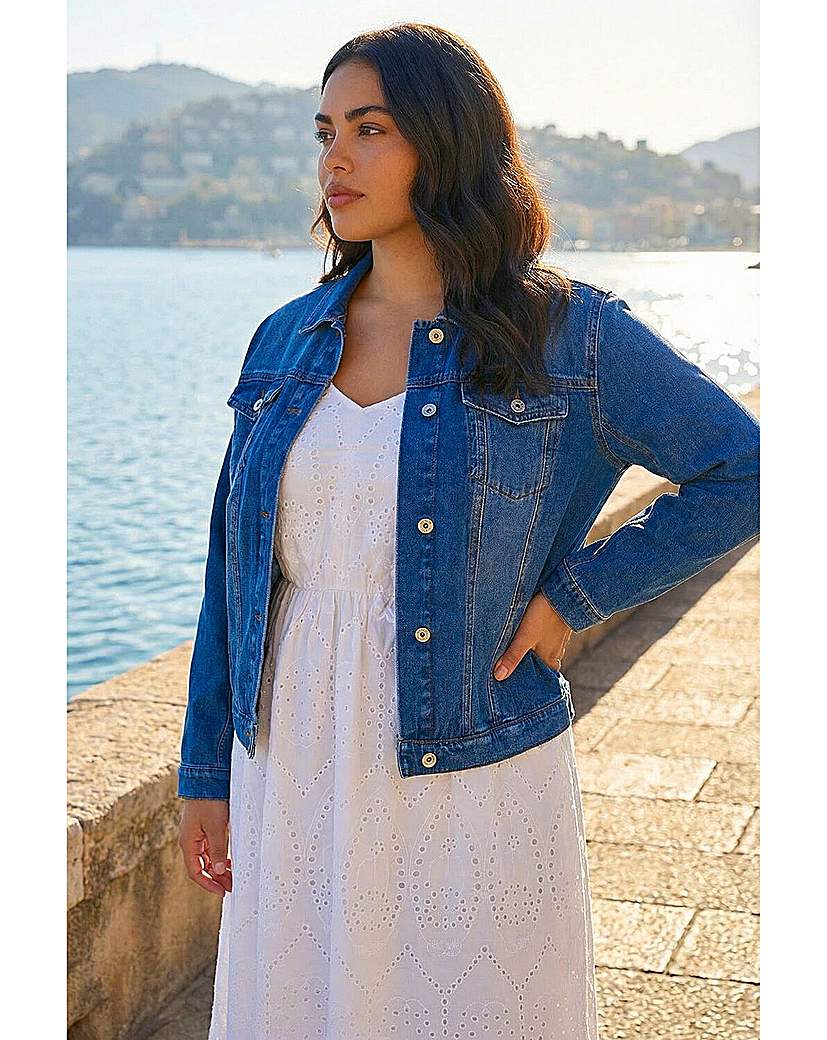 Roman Women's Mid Blue Curve Cotton Denim Jacket In | Size: 26-28 - Image 4
