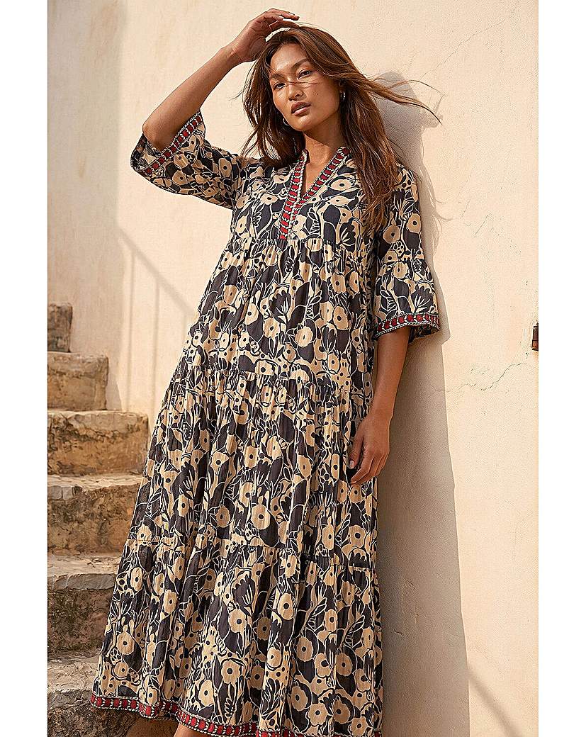 Roman Originals Women's Brown Roman Floral Print Border Maxi Dress