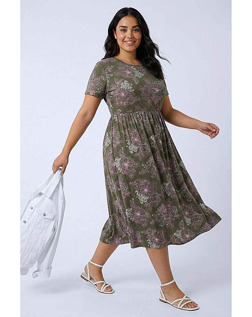 Roman Curve Khaki Floral Gathered Midi Dress Size 20