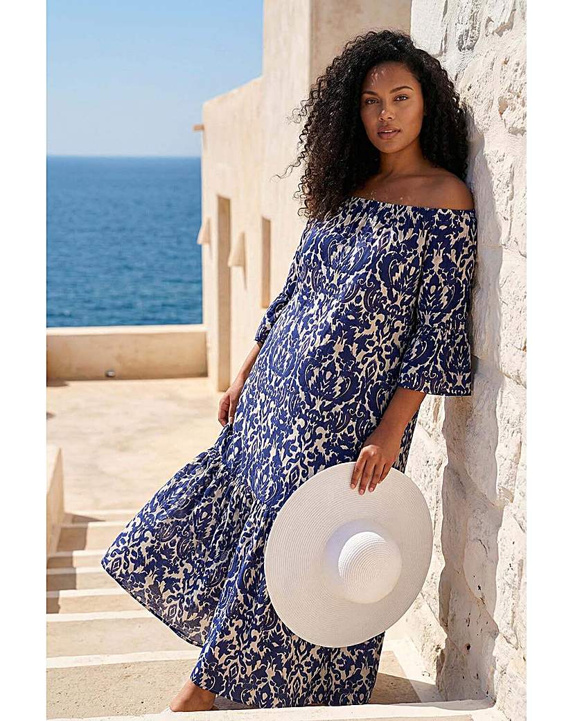 Roman Curve Women's Navy Printed Bardot Maxi Dress Size 18
