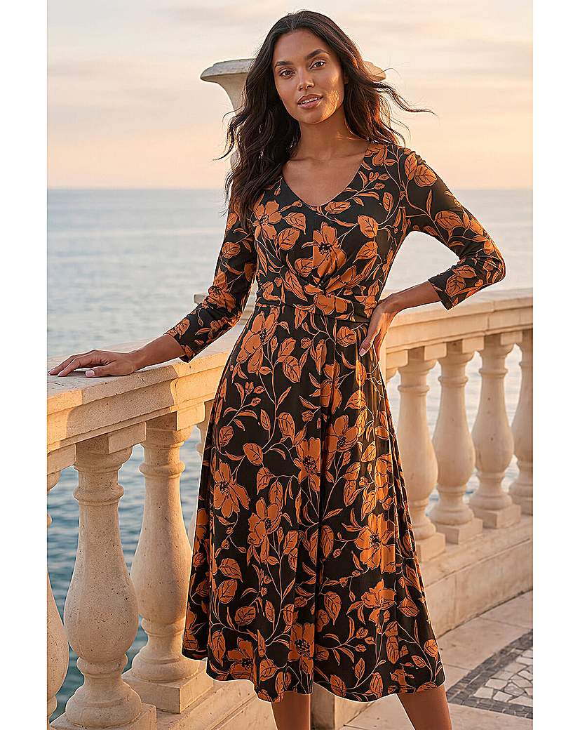 Roman Originals Women's Leaf Print Wrap Midi Dress - Tan - Size 16