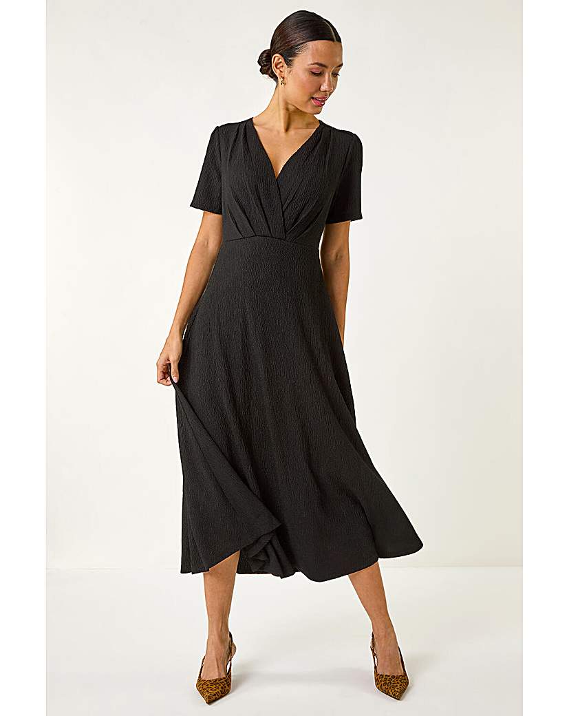 Roman Originals Women's Black Roman Textured Wrap Bodice Midi Dress