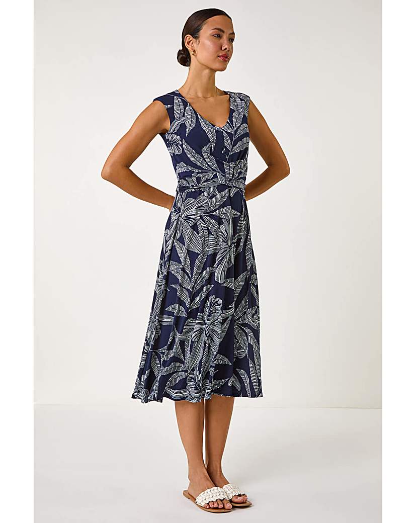 Roman Originals Women's Leaf Print Twist Front Stretch Dress - Navy - Size 18