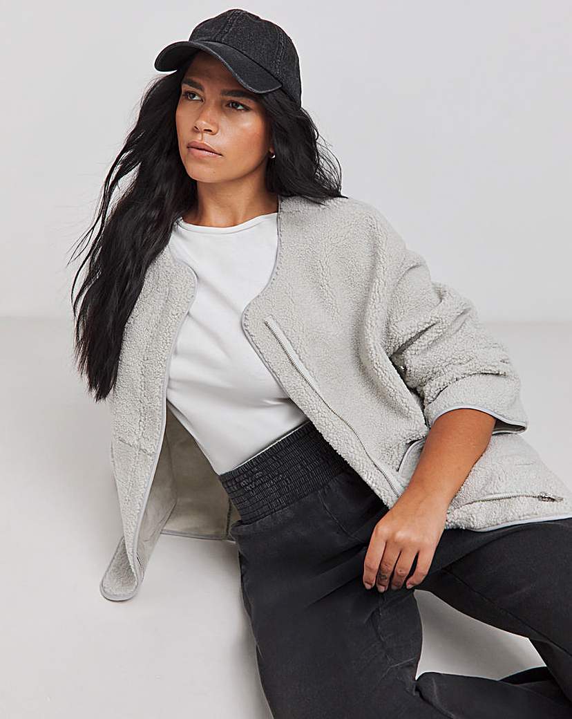 Grey Round Neck Borg Jacket